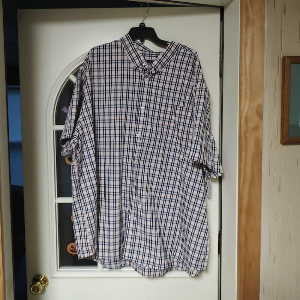 New Basic Editions Easy Care  Pink Blue Plaid Short Sleeve Button Down Men's 5XL